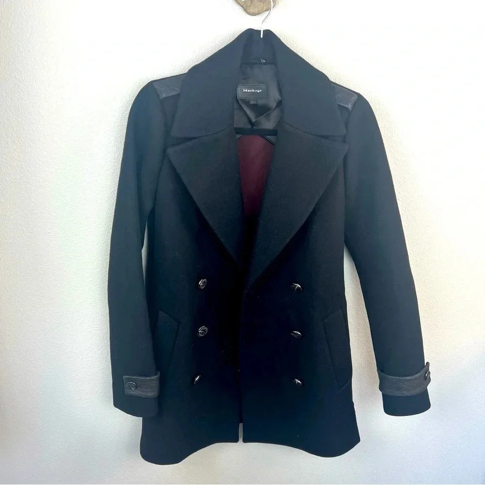 Mackage Black Wool Blend Double Breasted Pea Coat Military Designer Women’s XS